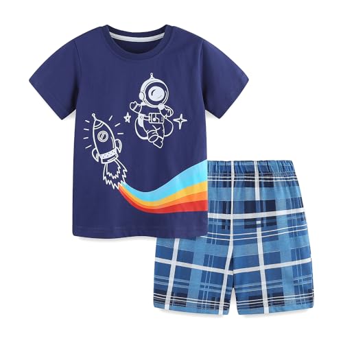 Image of LMYOVE Toddler Boy Short Set Little Boy Clothes Casual CrewNeck Short Sleeve T-Shirt and Short Sets Summer Beach Outfits(5T Dark Blue Astronaut)