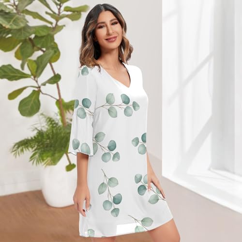 Robe 3/4 manches imprimée feuilles eucalyptus col V blanc