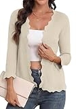 GRECERELLE Jersey de mujer con cuello en V, ligero, cárdigan con mangas 3/4 onduladas, con volantes, jersey casual de punto suave, elegante, ropa de exterior, albaricoque, M