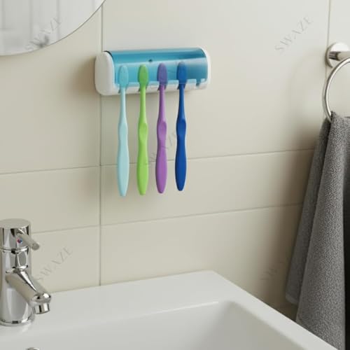 Image of Swaze Plastic Toothbrush Holder with Cover for Bathroom | 5-Slot Wall Mounted Toothbrush Holder with self Adhesive & Screw Options | Bathroom Organizer | (Multicolour, Pack of 1)