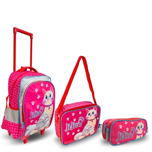 Balboa Kit Escolar Infantil Lilica 3 Peças AMZ-213 Mochila com Rodinhas + Lancheira Térmica + Estojo Duplo – Estampa Gatinha