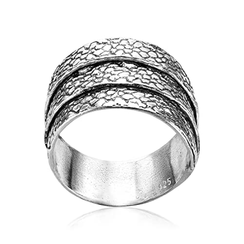 925 Sterling Silver Ring With Textured Three Layers, Oxidized, Vintage Look Stylish Hypoallergenic, Nickel And Lead-Free, Artisan Handcrafted Designer Collection Made In Israel (Size 5-11) #TOP6