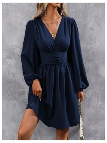 Image of SOLY HUX Women's Elegant Dress V Neck Long Sleeve High Waist Swing Prom Cocktail Short Dresses