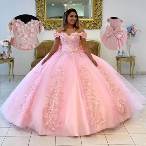 Off Shoulder Quinceanera Dresses Tulle Ball Gown with Bow Lace Applique Sweet 16 Dress3