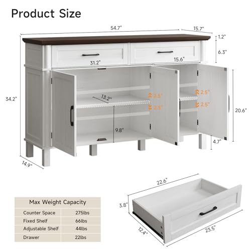 Image of ONBRILL 55 Inch Buffet Cabinet with Storage, Farmhouse Sideboard Buffet w /2 Drawers and 3 Doors, Wood Coffee Bar Cabinet with Adjustable Shelves, Sideboard Storage for Kitchen, Living Room, Off White