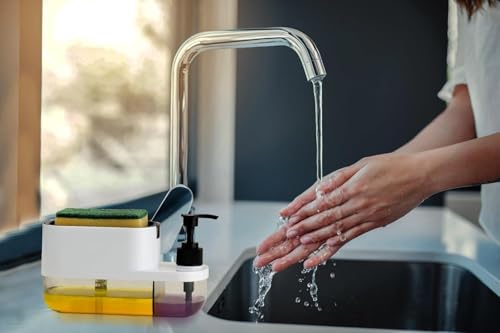 Image of TEKCOOL Plastic 3 in 1 Soap Pump Dispenser Dish Soap Liquid Dispenser Sponge Holder Dish Soap Pump Dispenser for Kitchen Sink Countertop Kitchen Bathroom (3 in 1), Multicolour