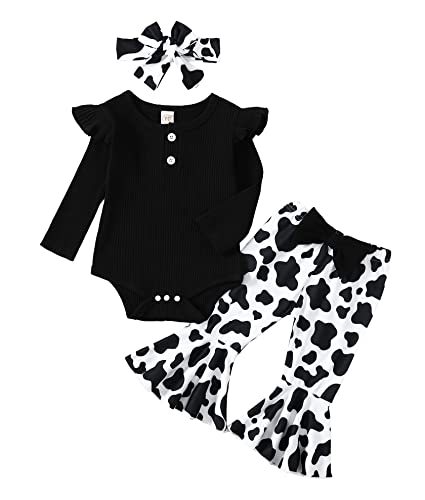 Image of ADXSUN Newborn Baby Girl Clothes Ribbed Ruffled Romper+Striped/Cow/Leopard Flared Pants Infant Outifts 0-18 Months