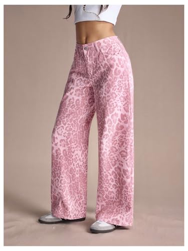Floerns Women's Going Out Leopard Print Baggy Jeans Low Rise Wide Leg Casual Denim Pants2