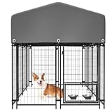 GOWE Dog Kennel Outdoor with Roof, 4.23'x7.81'x4.83' Welded Wire Enclosure, Heavy Duty Dog Crate with UV-Resistant Waterproof Cover, Double Lock & Rotating Feeder for Medium/Large Dogs