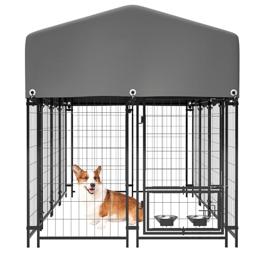 GOWE Dog Kennel Outdoor with Roof, 4.23'x7.81'x4.83' Welded Wire Enclosure, Heavy Duty Dog Crate with UV-Resistant Waterproof Cover, Double Lock & Rotating Feeder for Medium/Large Dogs