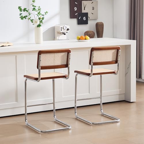 Image of Flouki Rattan Bar Stools Set of 2, Counter Height Stools with Wicker Back, 24 Inch Modern Bar Stools, Mid Century Cantilever Counter Chairs for Kitchen Island, Walnut Wooden Frame, Chrome Legs