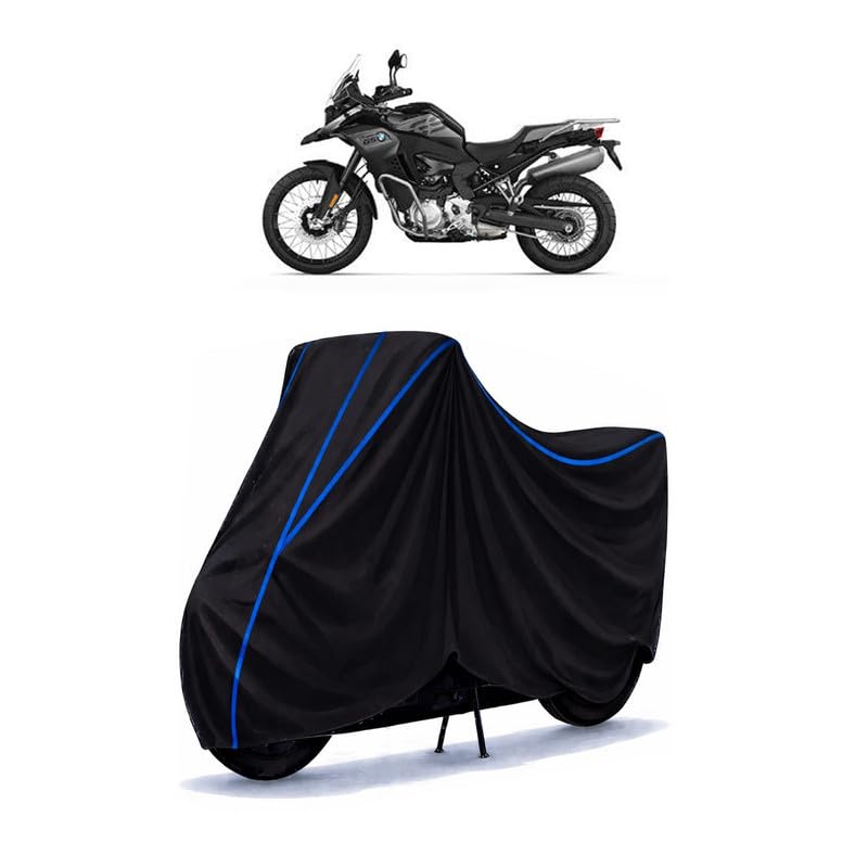 Image of F 850 GS Adventure Bike Cover Water Resistant Universal Motorcycle Rain | Heavy Duty UV Protection, Dust, Scratch Indoor Outdoor All Weather with Black Blue Piping Elastic