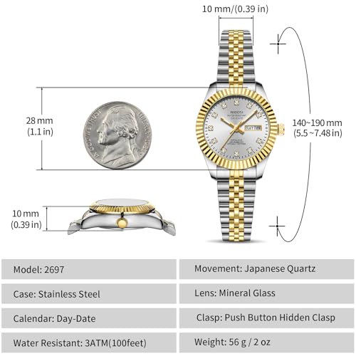 Elegant NIBOSI Women's Analog Quartz Watch - Two-Tone Stainless Steel Bracelet with Day-Date Function, Luminous Dial, and Waterproof Design for Small Wrists - Image 3