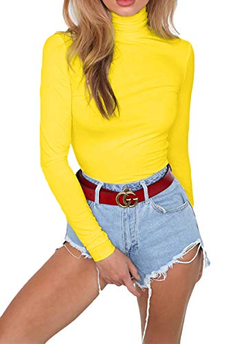 Almaree Women's High Neck Long Sleeve Bodysuit Solid Color Romper (Large, Yellow)