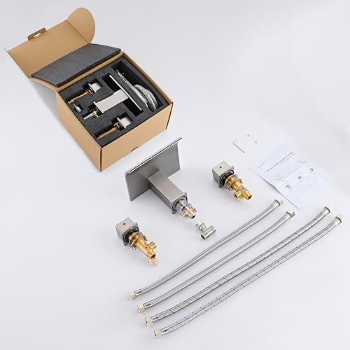 High Flow Deck Mount Tub Faucet Brushed Nickel with Valve 2-Handle Widespread Roman Tub Filler Deck Mounted Bthtub Faucet LLGG Waterfall with Hot & Cold Supply Lines RIGOBAL by RIGOBAL - Image 9