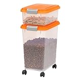 IRIS USA 3-Piece 41 Lbs / 45 Qt WeatherPro Airtight Pet Food Storage Container Combo with Scoop and Treat Box for Dog Cat and Bird Food, Keep Fresh, Translucent Body, Easy Mobility, Orange
