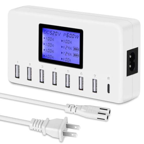 60W 12A 8-Port USB Charging Station - Multi Port USB Hub Charger with LCD Display - Compatible with iPhone, iPad, Samsung, Kindle, Tablet, Bluetooth Earbuds and More