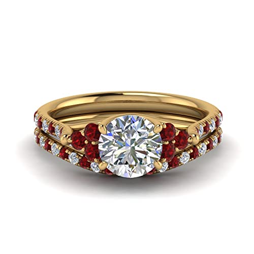 Image of Choose Your Gemstone Round Cut Petite Cathedral Wedding Ring Set Yellow Gold Plated Round Shape Wedding Ring Sets Matching Jewelry Wedding Jewelry Easy to Wear Gifts US Size 4 to 12
