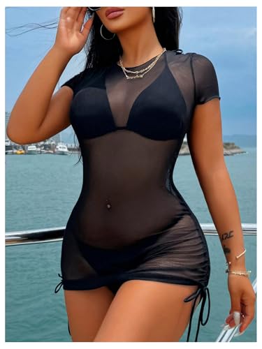 Women's Drawstring Ruched Swimsuit Coverup Short Sleeve Sheer Mesh Beach Dress Bathing Suit Cover Up 5