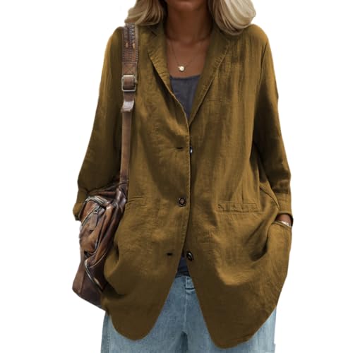 Cotton Linen Blazer for Womens Lapel Button Down Suit Jackets Casual Long Sleeve Oversized Coat with Pockets
