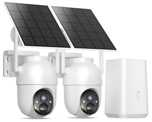 BOOPEX 2K Telecamera Wi-Fi Esterno Senza Fili Solare, Kit 2 Cam con Stazione base, 32GB Locali, Pan&Tilt 360°, Visione Notturna a Colori, Rilevamento di Movimento, Nessun Costo Mensile, WiFi 2.4/5G
