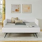 KEIKI Twin Size Upholstery Tufted Daybed with Erectable Trundle, Twin to King Design Modern Extendable Boucle Sofa Bed, Easy Assembly, No Box Spring Required, for Living Room and Bedroom, Beige