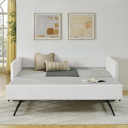 KEIKI Twin Size Upholstery Tufted Daybed with Erectable Trundle, Twin to King Design Modern Extendable Boucle Sofa Bed, Easy Assembly, No Box Spring Required, for Living Room and Bedroom, Beige