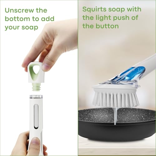 Image of RIMAY Dish Brush with Soap Dispenser, Dish Washing Brush with Handle, Soap Dispensing Dish Brush, Soap Brush for Kitchen Sink, Dish Wand Kitchen Brushes for Dishes /Pans /Pots /Sink (White)