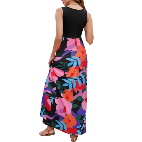 Image of Sherosa Women Boho Chevron Striped Floral Printed Summer Sleeveless Tank Long Maxi Party Dress
