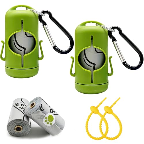 Image of Dog Poop Bag Holder with Leash Clip, Adjustable Strap & 2-Side Hooks for Used Dog Waste Bags (Green)
