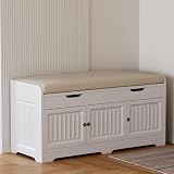 Kogven Shoe Bench,Entryway Storage Bench with Lift Top Cushion Seat & Hidden Space, Bedroom End of Bed Bench with 3-Sided Geometric Wavy Fluted for Hallway, Vintage White