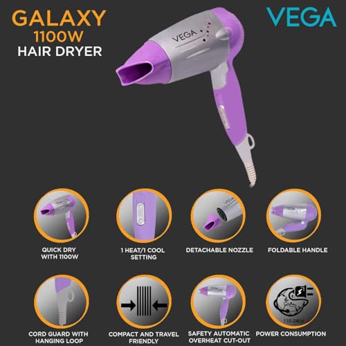Image of VEGA Galaxy Foldable 1100 Watts Hair Dryer with Heat & Cool Setting and Detachable Nozzle (VHDH-06)-Purple & I-Curl Hair Curler, VHCH-05