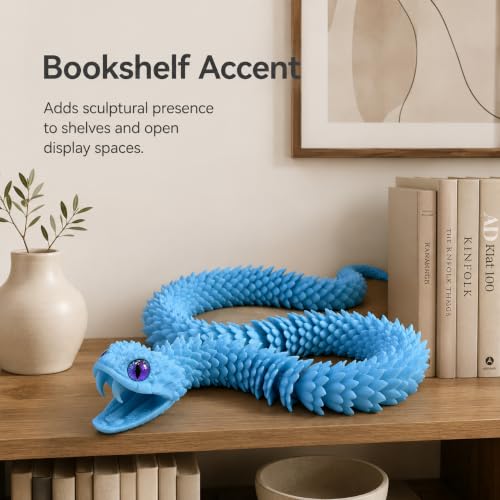 Image of 3D Printed Blue Viper Snake, 23 inch Glow in the Dark Articulated Snake Sculpture with Movable Jaw & Fangs, PLA Desk Decor for Display Shelves & Adult Collectors