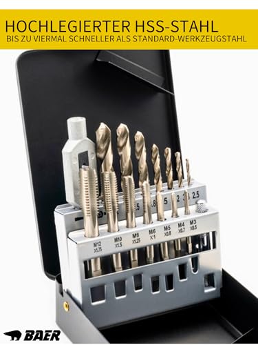 BAER Gewindeschneider Set M3 – M12 HSSG – 15-tlg. Gewindebohrer Set mit Kernlochbohrer & Windeisen - Profi Gewindeschneidsatz in Metallkassette - Gewindebohrer Satz