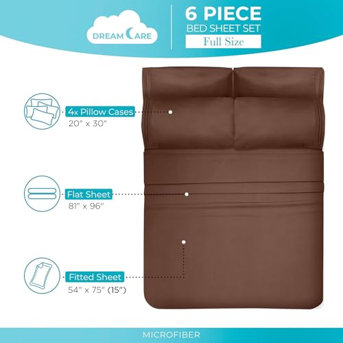 Image of DREAMCARE Full Size Sheets - 6 pcs Breathable Cooling Sheets Full Size Bed | up to 15 inch Deep Pocket Full Sheet Set with Side Pockets - Extra Soft Full Size Bed Sheets - Hotel Luxury Bed Sheets MochaBrown