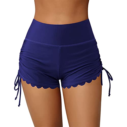 Short de Bain Femme Bas de Maillot de Bain Shorty Taille Haute Culotte Boxer à Cordon pour Plage Piscine Natation Sport (Bleu, M)