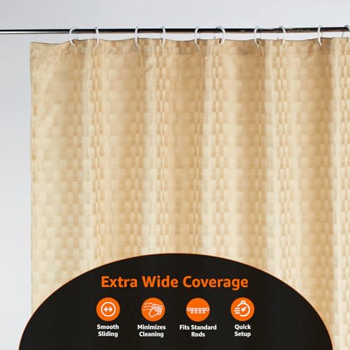 Image of Amazon Basics Shower Curtain 5 Feet | PVC-Free, No Plastic Smell | Machine Washable Fabric | Cream | 6ft Wide | 12 Hooks -180 CM X 150 CM