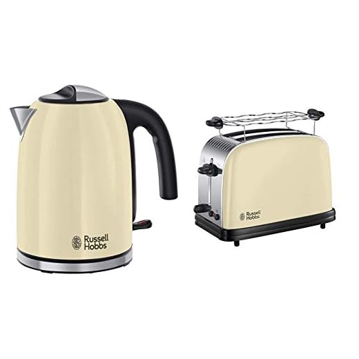 Russell Hobbs Colours Plus Hervidor de Agua Eléctrico (2400 W, 1,7 litros, Acero Inoxidable, Crema) ref. 20415-70 + Colours Plus 23334-56 – Tostadora (2 Ranuras Cortas y Anchas