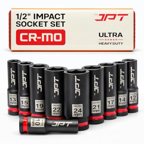 Image of JPT 10pcs Deep Impact Socket Set 1 /2 inch Drive | CR-MO Hardened Steel True Impact Material | 10-24 mm Sizes | For Impact Wrench & Ratchet Use | Ultra Heavy Duty