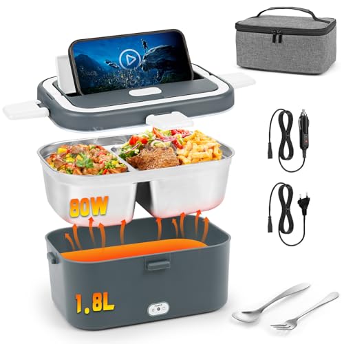 Dreamhigh® 80W Fiambrera Electrica Comida Trabajo 1.8L, Fiambrera Termica a Prueba de Fugas con Bolsa Tenedor y Cuchara, 12V/24V/220V Loncheras de Trabajo, para Oficina de Camiones-Gris