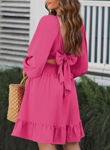 Image of Dokotoo Womens Dress Lantern Sleeve Elastic Waist Tie Backless Mini Dress | Square Neck,Off Shoulder,Flowy,Ruffle A-Line,Casual,Mini Dress,Beach Vacation Clothes,Fall Outifits,Wedding Guest,Boho
