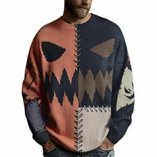 Halloween Sweater Men, Vintage Patchwork Graphic Print Pumpkin Sweater Casual Long Sleeve Holiday Party Knit Sweaters