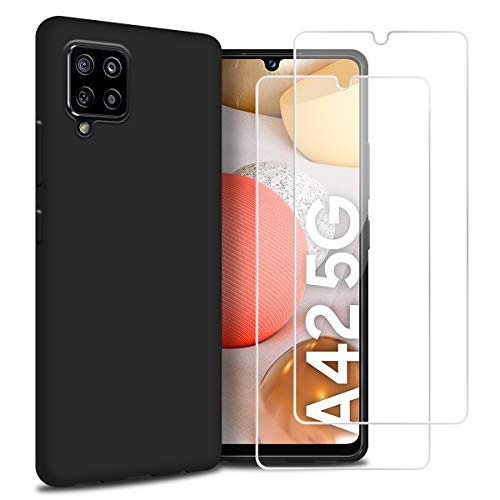 Reshias Funda para Samsung Galaxy A42 5G con Dos Cristal Templado Protector de Pantalla,Negro Suave Líquido Silicona Protectora Carcasa para Samsung Galaxy A42 5G