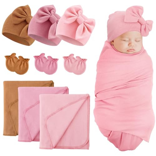 Image of DRESHOW BQUBO Newborn Receiving Blanket Bow Hat Gloves Set Cotton Warm Baby Swaddle Blanket Wrap Baby Sleep Sack Shower Gift