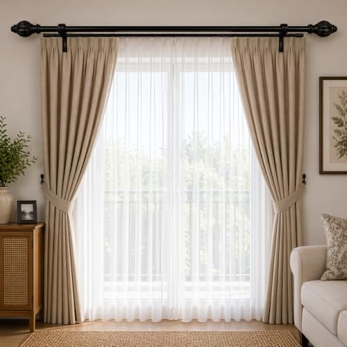 Image of Double 84 inch-144 inch Adjustable Double Curtain Rod For Door & Windows With Brackets Set Curtains Hanging Extendable Iron Metal Pipe Holder With Epitome Wood Finial (Black, 0.75 inch Diameter)