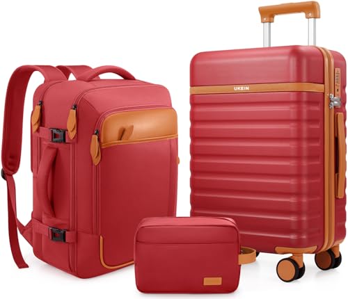 Image of UKEIN Luggage Sets 3 Piece, PC Hardside Large Luggage 24 Inch With Spinner Wheels with TSA Lock, Carry On Suitcase Set With Travel Backpack for Men (Red, 3 piece set (24inch))