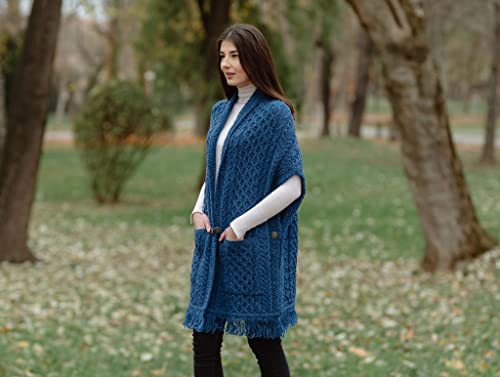Image of SAOL 100% Merino Wool Shawl /Poncho Sweater /Open Cardigan /Wool Cape with Pockets with Fringe Trim and Trinity Knot Button