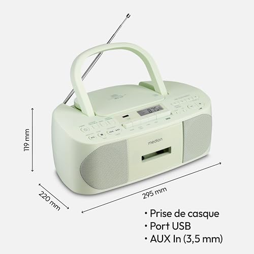 MEDION E65010 Radio stéréo (Lecteur CD, Cassette, Port USB, entrée Audio AUX, Lecture MP3. Radio FM PLL,40 mémoires de Stations, Fonctionnement sur Piles, télécommande) Vert