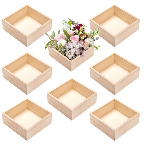 Frcctre 8 Pack Unfinished Wooden Box, 6 x 6 Inch Square Rustic Wooden Box Storage Organizer Boxes Small Wood Boxes for Crafts, Centerpiece, Home Decor, Storage, Collectibles, Succulent, Drawer