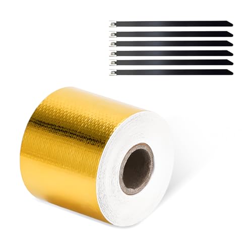 ZNDAW Heat Shield Reflective Tape, 2"×29.5 FT Adhesive Backed Heat Barrier Wrap Roll with Zip Ties, High-Temperature Insulation Tape Roll Compatible with Car Intake Pipe Engine Bay (Golden)